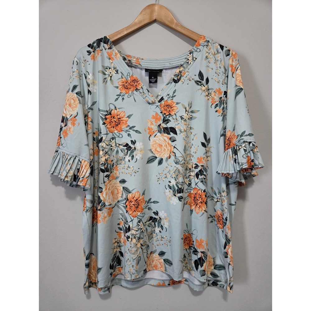Nue Options Women XL Floral V-Neck Blouse Blue Orange Pleated Ruffle Bell Sleeve